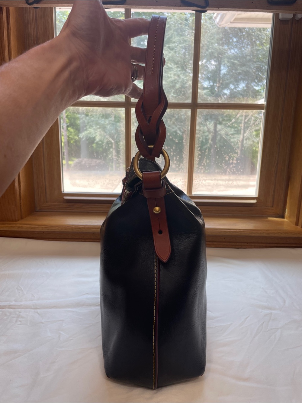 Dooney & Bourke Navy Florentine Twist Strap Hobo Brown Trim and Tassel - Picture 9 of 16
